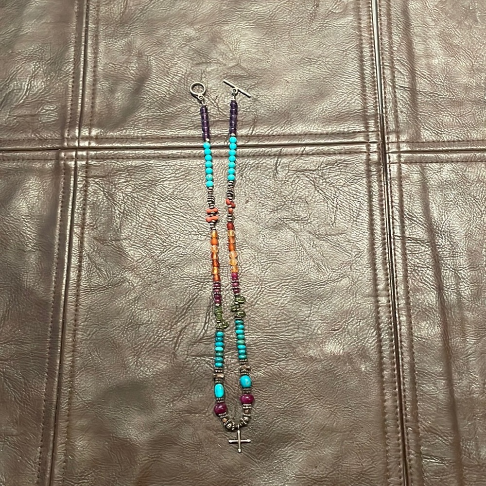 Necklace semi precious stones with 4 small diamonds in cross
